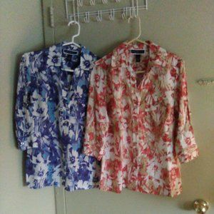 2 NWOT Karen Scott Floral Button-Down Front Pocket Cotton Blouses
